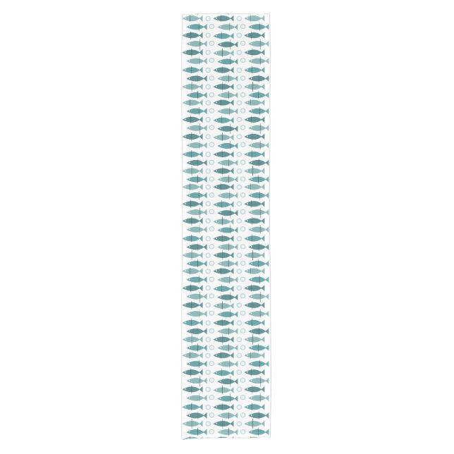 Mid Century Modern Fish Pattern Turquoise Short Table Runner (Front)