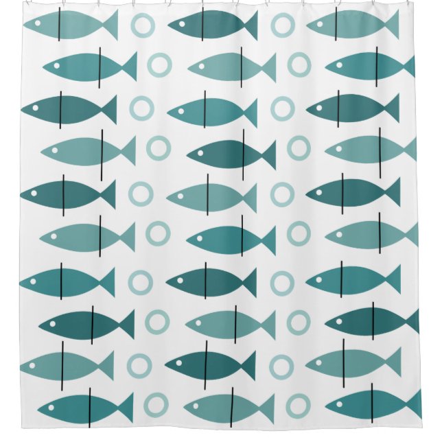 Mid Century Modern Fish Pattern Turquoise Shower Curtain (Front)