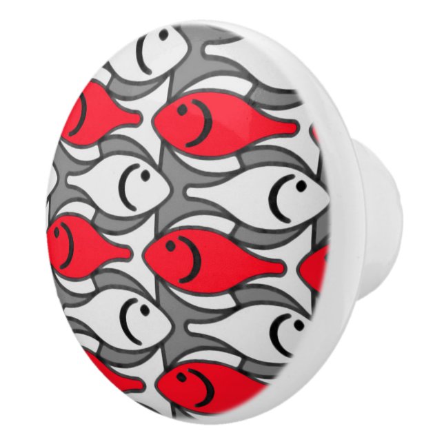 Mid-Century Modern fish, red and grey / gray Ceramic Knob (Right)