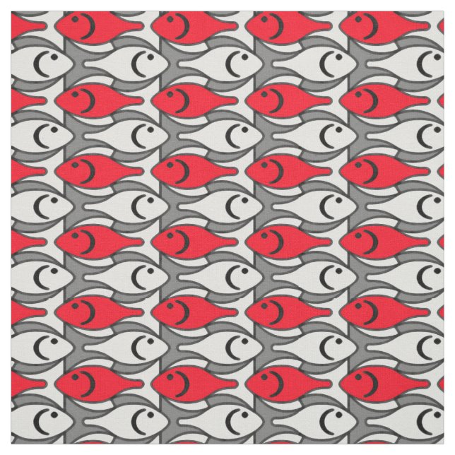 Mid-Century Modern fish, red and grey / gray Fabric (Swatch)