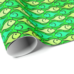 Mid-Century Modern fish, shades of lime green Wrapping Paper