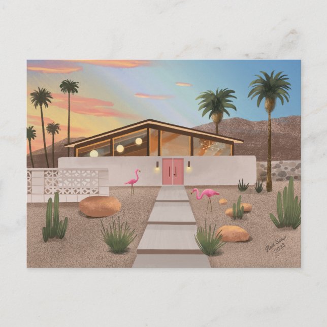 Mid Century Modern Flamingo House Blank Postcard (Front)