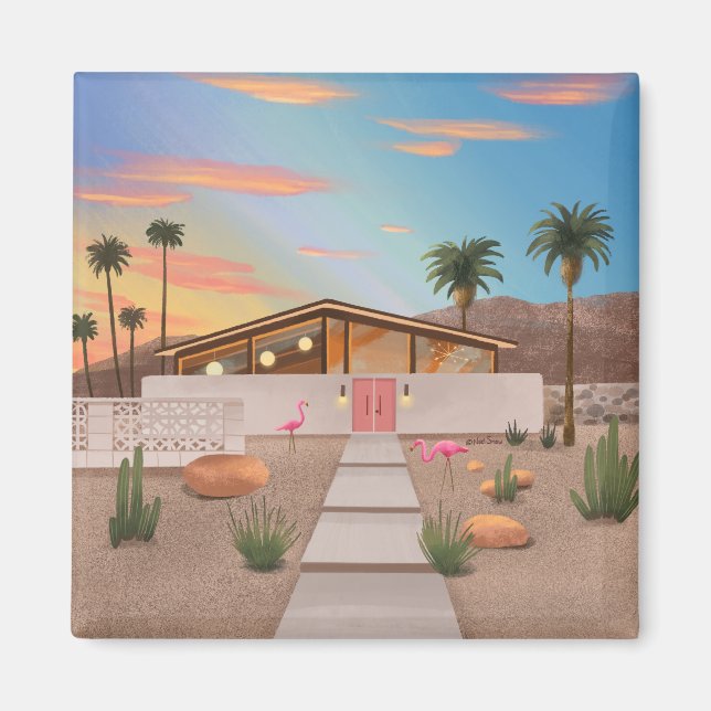 Mid Century Modern Flamingo House Magnet (Front)