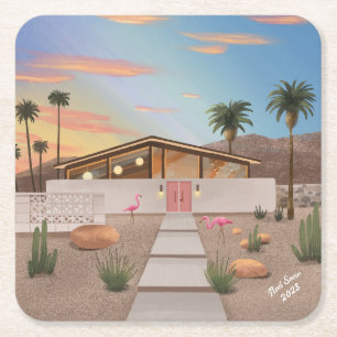 Mid Century Modern Flamingo House Square Paper Coaster