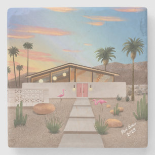 Mid Century Modern Flamingo House Stone Coaster