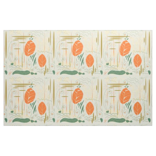 Mid Century Modern Floral Abstract Lake Scene Fabric