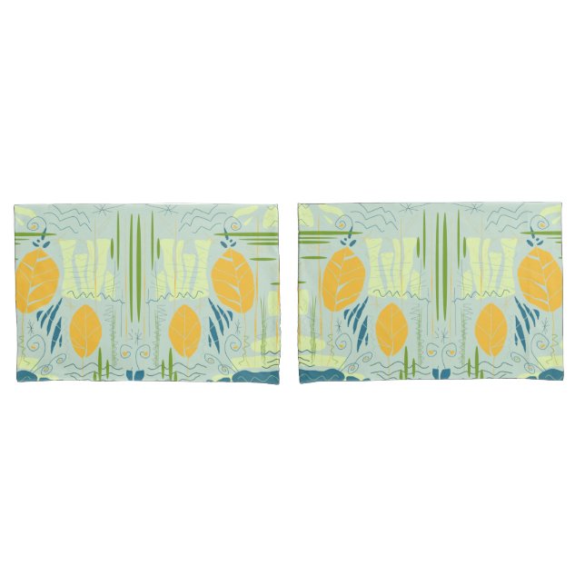 Mid Century Modern Floral Abstract Lake Scene Pillow Case (Front-Set)