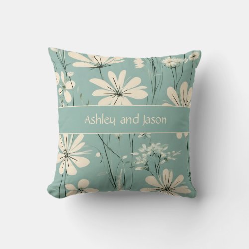 Mid Century Modern Floral Custom Couple Names Throw Pillow