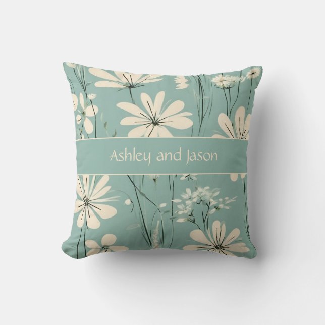Mid Century Modern Floral Custom Couple Names Throw Pillow (Front)
