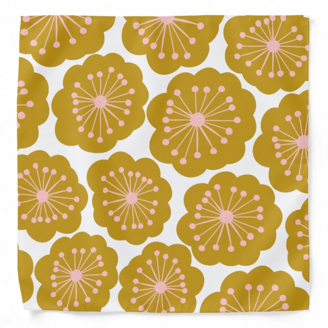 Mid Century Modern Floral Flower Pattern Mustard Bandana (Front)