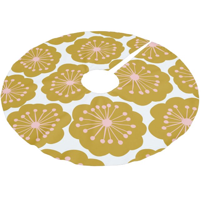 Mid Century Modern Floral Flower Pattern Mustard Brushed Polyester Tree Skirt (Angled)