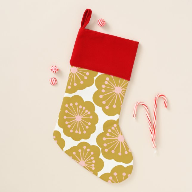 Mid Century Modern Floral Flower Pattern Mustard Christmas Stocking (Front)