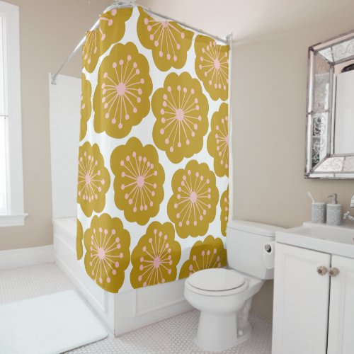 Mid Century Modern Floral Flower Pattern Mustard Shower Curtain