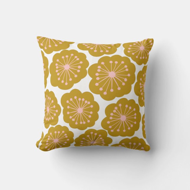 Mid Century Modern Floral Flower Pattern Mustard Throw Pillow (Front)