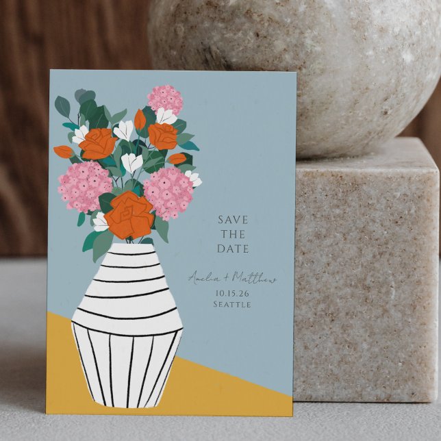 Mid Century Modern Floral Folk Vase Wedding Invitation (Creator Uploaded)
