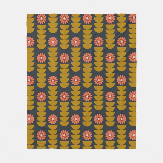 Mid Century Modern Floral Gold Navy Pattern Fleece Blanket (Front)