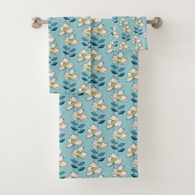 Mid-Century Modern Floral Leaf Pattern Bath Towel Set (Insitu)