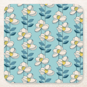 Mid-Century Modern Floral Leaf Pattern Square Paper Coaster