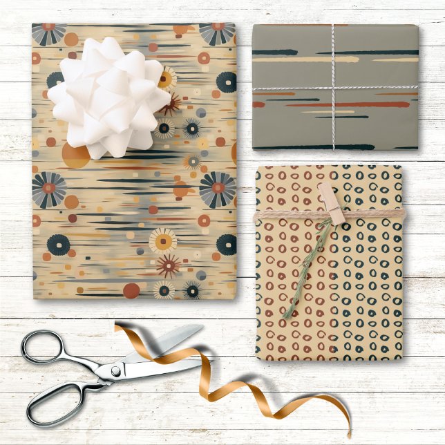 Mid Century Modern Floral Orange Blue Circle Line Wrapping Paper Sheets (Creator Uploaded)