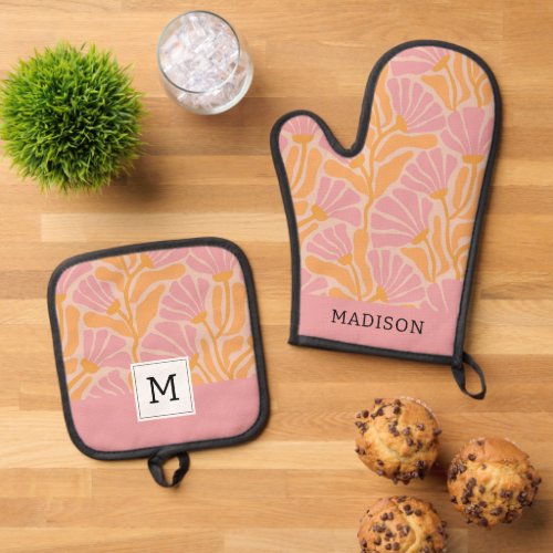 Mid Century Modern Floral Pattern Oven Mitt  Pot Holder Set