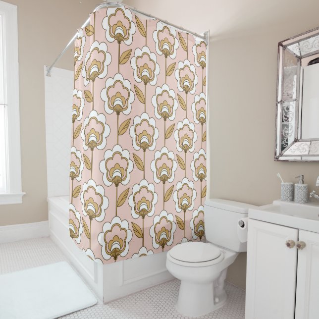 Mid-Century Modern Floral Pattern Shower Curtain (In Situ)