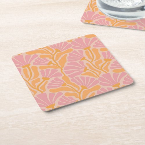 Mid Century Modern Floral Pattern Square Paper Coaster