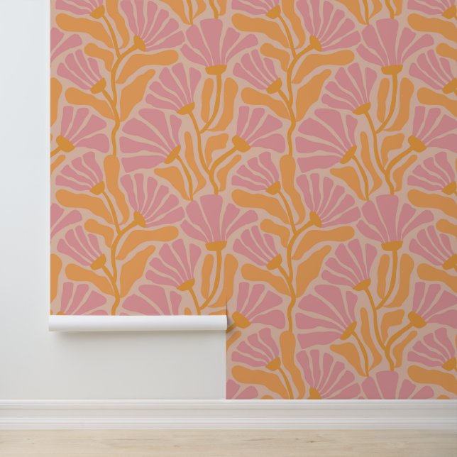 Mid Century Modern Floral Pattern Wallpaper (Application)