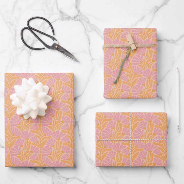 Mid Century Modern Floral Pattern Wrapping Paper Sheets (Front)