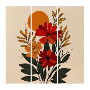 Mid-Century Modern Floral Triptych Wall Art Set