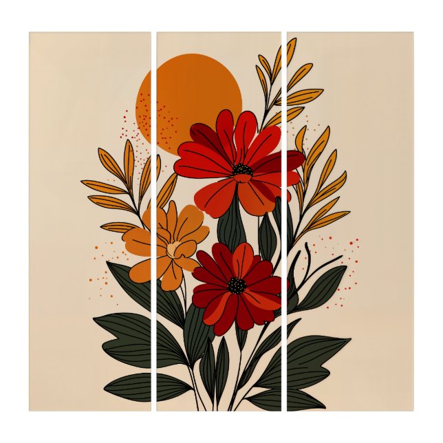 Mid-Century Modern Floral Triptych Wall Art Set (Front)