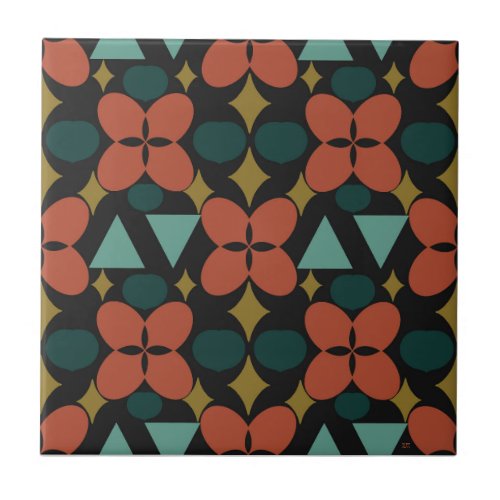 Mid Century Modern Flower Diamond Black  Ceramic Tile