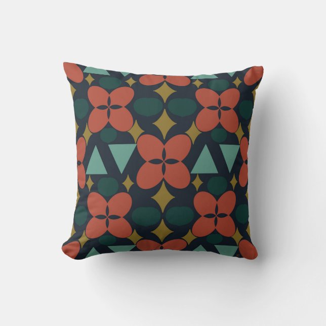 Mid Century Modern Flower Diamond Blue Throw Pillow (Front)