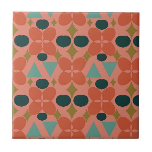 Mid Century Modern Flower Diamond Coral  Ceramic Tile