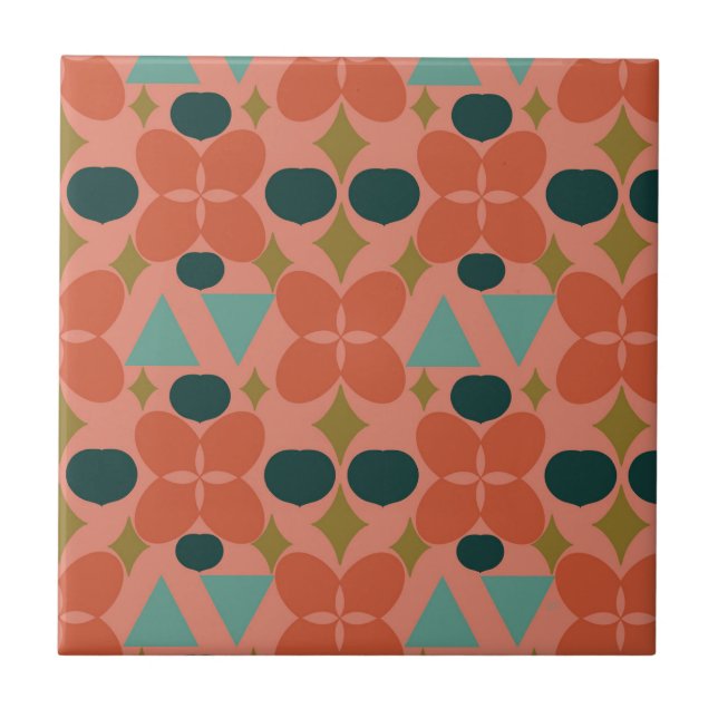 Mid Century Modern Flower Diamond Coral  Ceramic Tile (Front)