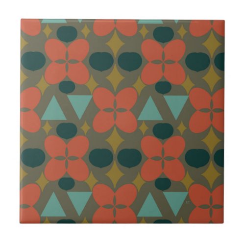 Mid Century Modern Flower Diamond Green Ceramic Tile