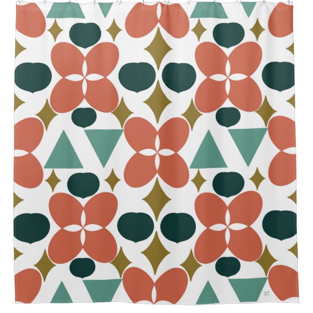 Mid Century Modern Flower Diamond Pattern Fabric Shower Curtain (Front)