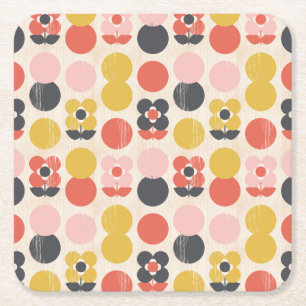 Mid-Century Modern Flower Pattern Square Paper Coaster