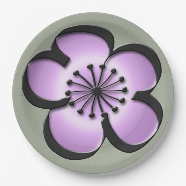 Mid-Century Modern Flower - Purple, Black, Gray Paper Plates (Front)