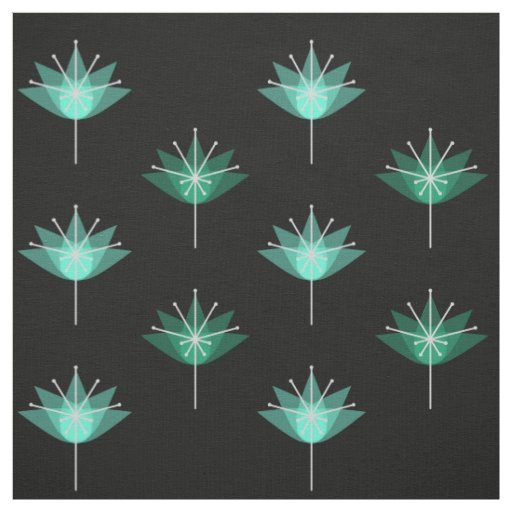 Mid Century Modern Flowers Black Turquoise Fabric