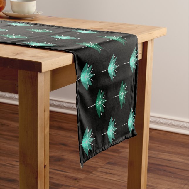Mid Century Modern Flowers Black Turquoise Short Table Runner (In Situ)