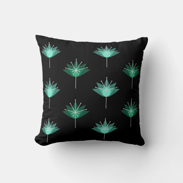 Mid Century Modern Flowers Black Turquoise Throw Pillow (Front)