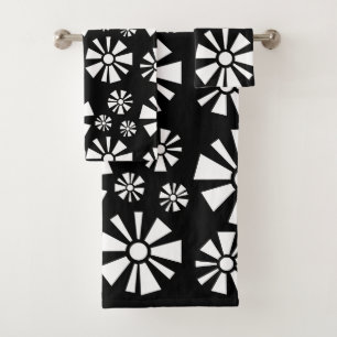 Mid Century Modern Flowers Black White Bath Towel Set