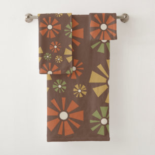 Mid Century Modern Flowers Earth Tones Bath Towel Set
