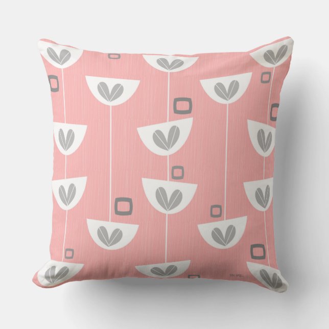 Mid-Century Modern Flowers Pink Grey by Gail Gabel Throw Pillow (Front)