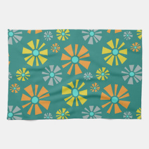 Mid Century Modern Flowers Teal Kitchen Towel
