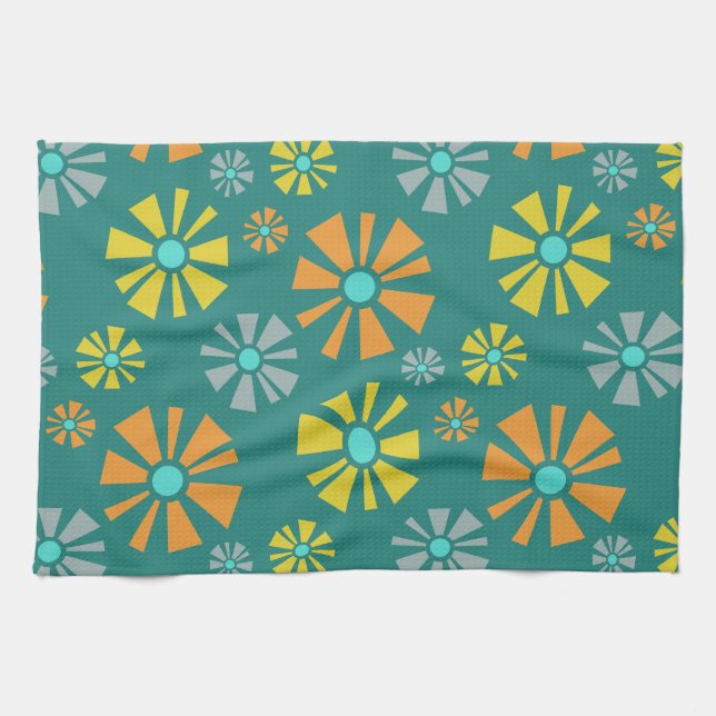 Mid Century Modern Flowers Teal Kitchen Towel (Horizontal)