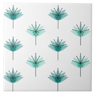 Mid Century Modern Flowers Turquoise Ceramic Tile