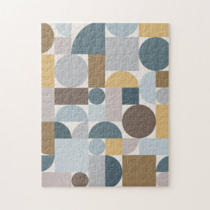 Mid Century Modern Geometric Blue Gold Jigsaw Puzzle