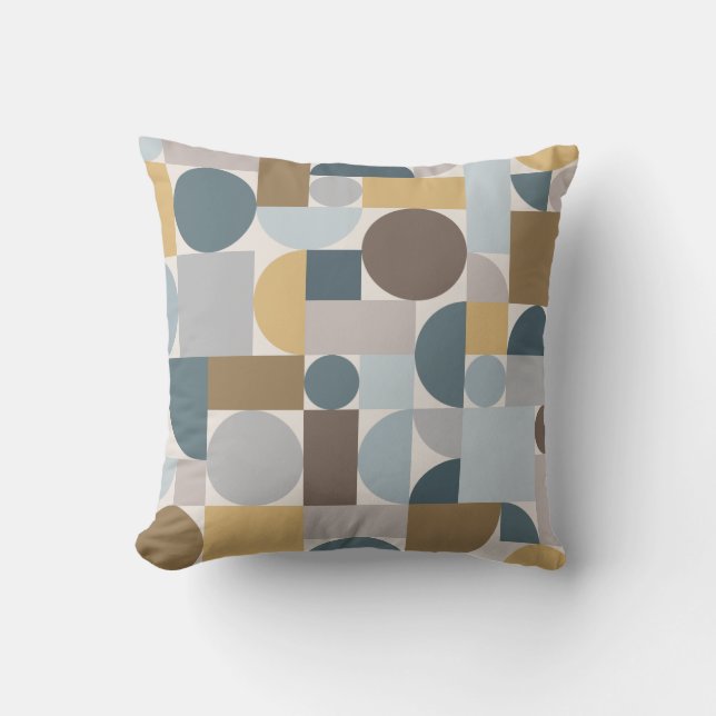 Mid Century Modern Geometric Blue Gold Throw Pillow (Front)