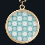 Mid Century Modern Geometric Flowers Necklace<br><div class="desc">This Mid Century Modern Geometric Flowers Round Necklace is a mid century modern take on botany! This whimsical aqua and teal checkerboard design has alternating mod flowers of aqua and dove grey on each square. The dove grey flowers have square darker grey centers and the aqua flowers have dove grey...</div>